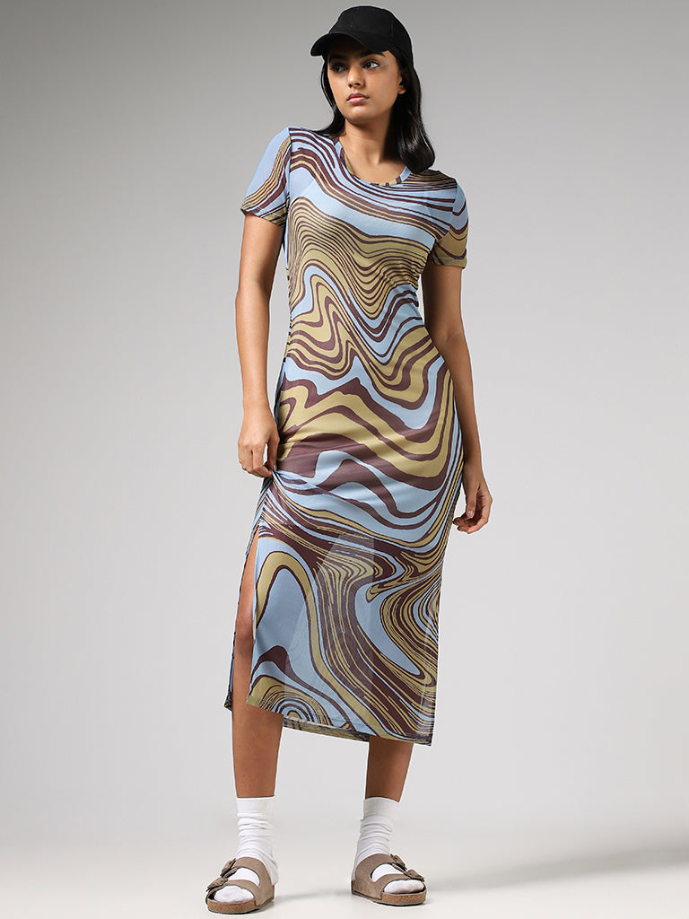 Nuon Light Blue Abstract Printed High-Slit Bodycon Dress