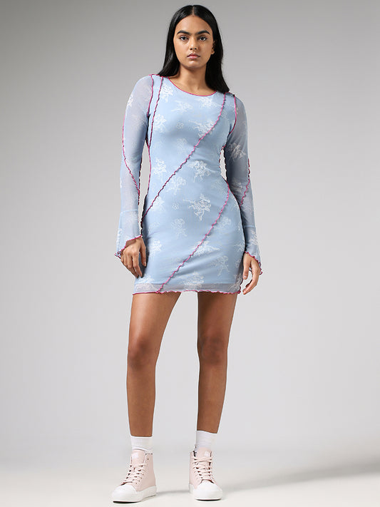 Nuon Light Blue Printed Seam Detail Bodycon Dress