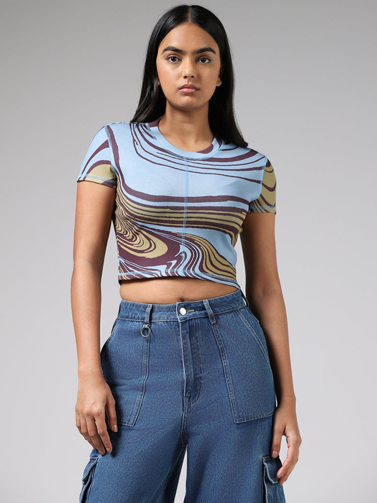Nuon Light Blue Abstract Printed Crop Top