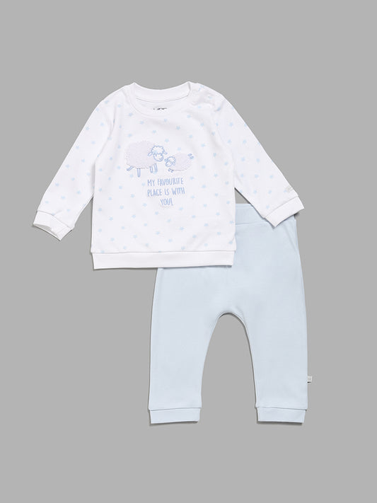 HOP Baby Sheep Adorned White T-Shirt with Blue Pants