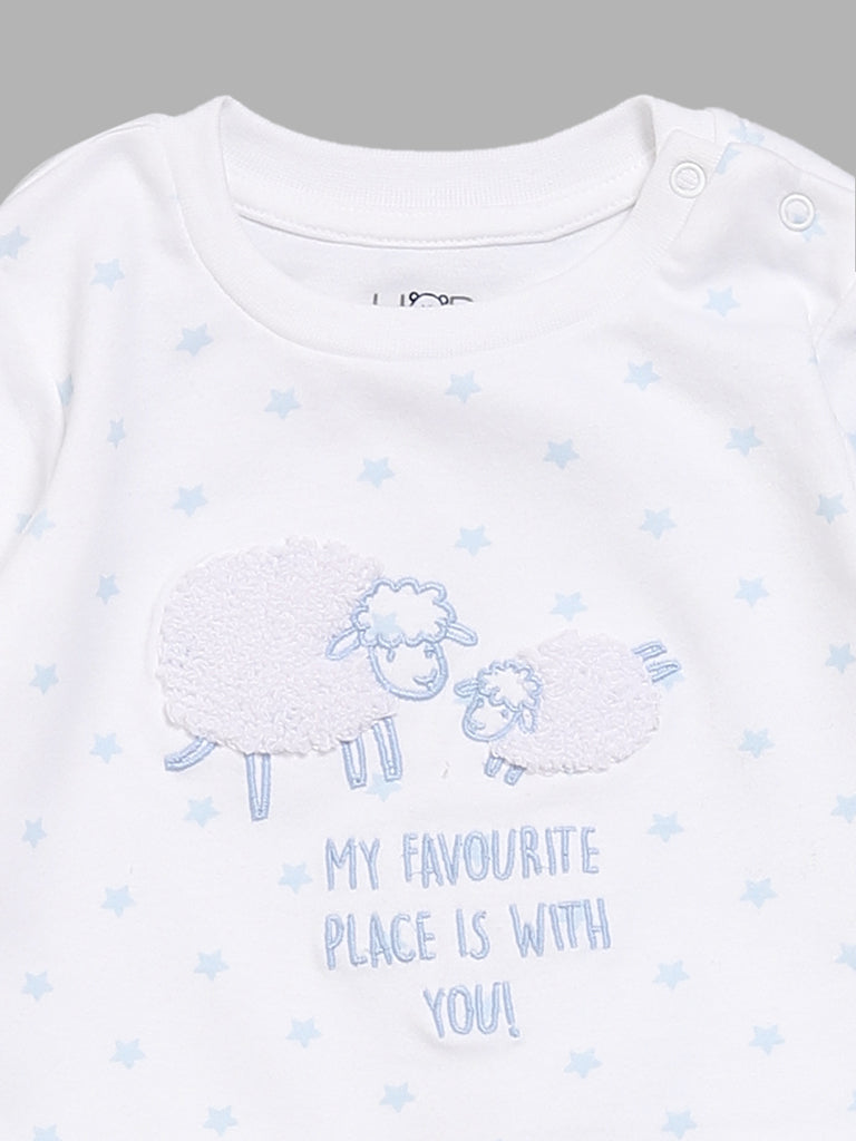 HOP Baby Sheep Adorned White T-Shirt with Blue Pants