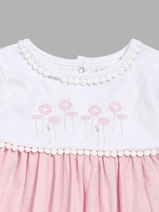 HOP Baby Floral Embroidered Pink A-Line Top with Pants Set