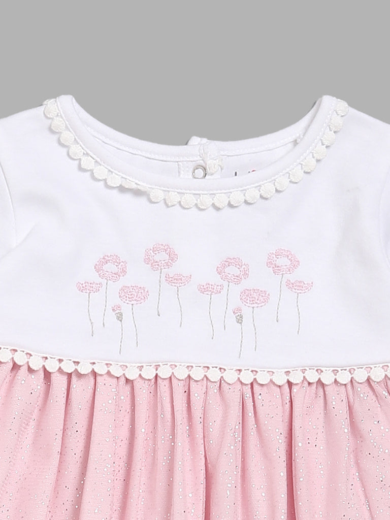 HOP Baby Floral Embroidered Pink A-Line Top with Pants Set
