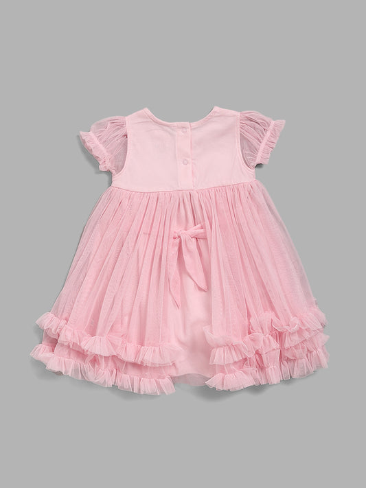 HOP Baby Pink Floral Embroidered A-Line Dress