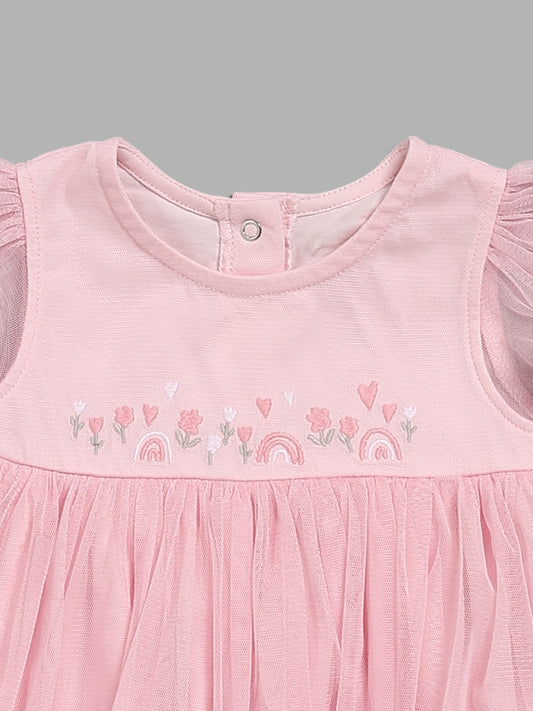 HOP Baby Pink Floral Embroidered A-Line Dress