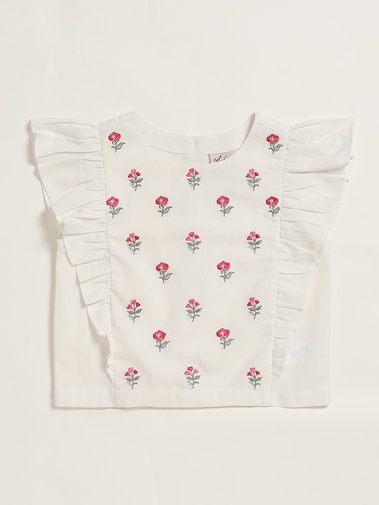 Utsa Kids Off-White Floral Embroidered Blouse