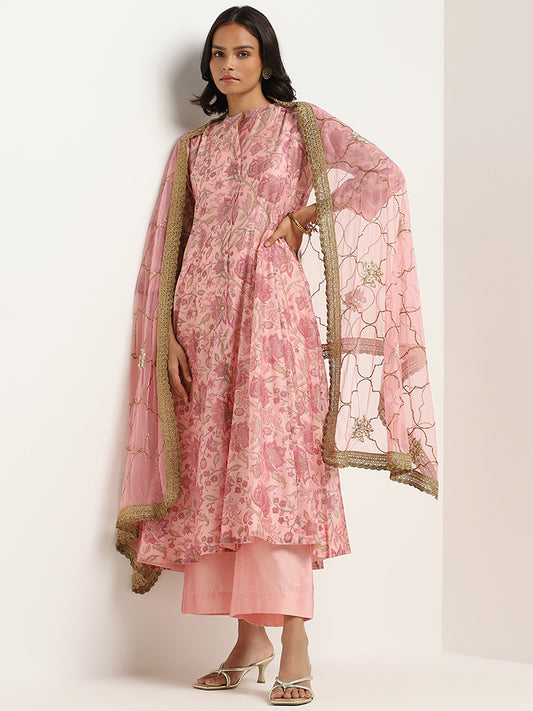 Vark Pink Printed Cotton Blend Kurta with Inner, Palazzos and Dupatta Set