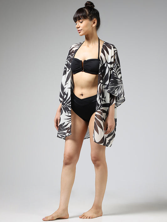 Wunderlove Black & White Tropical Printed Swimwear Cover-Up Dress