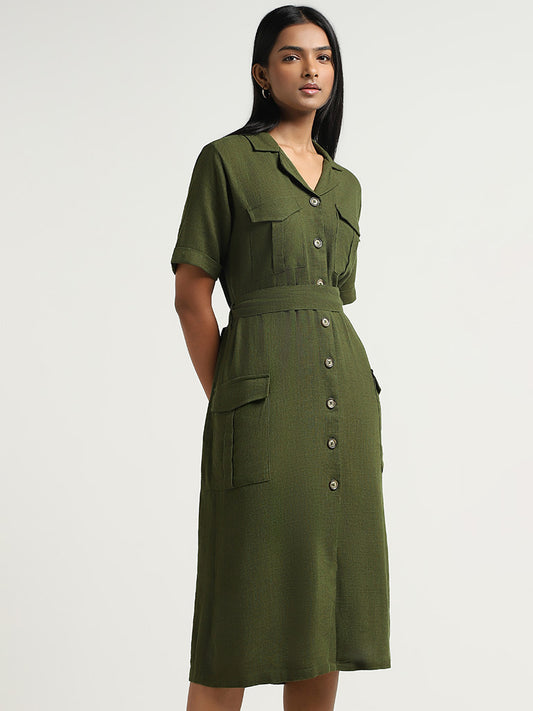 LOV Green Blended Linen Dress with Belt