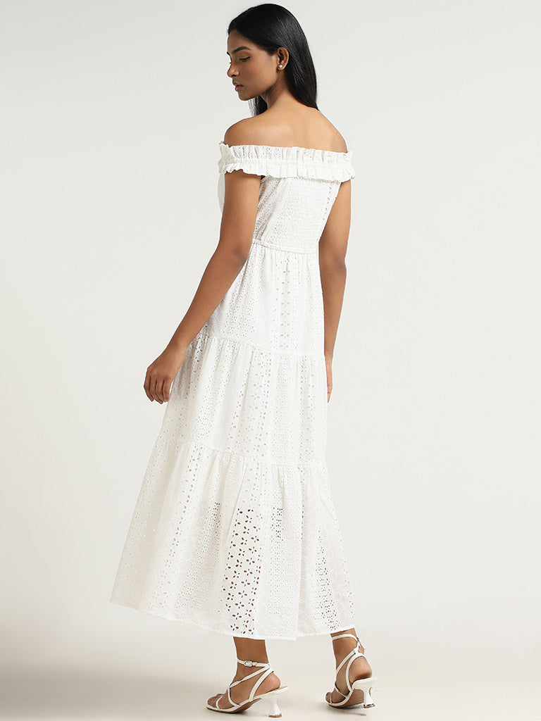 LOV White Cotton Schiffli Dress