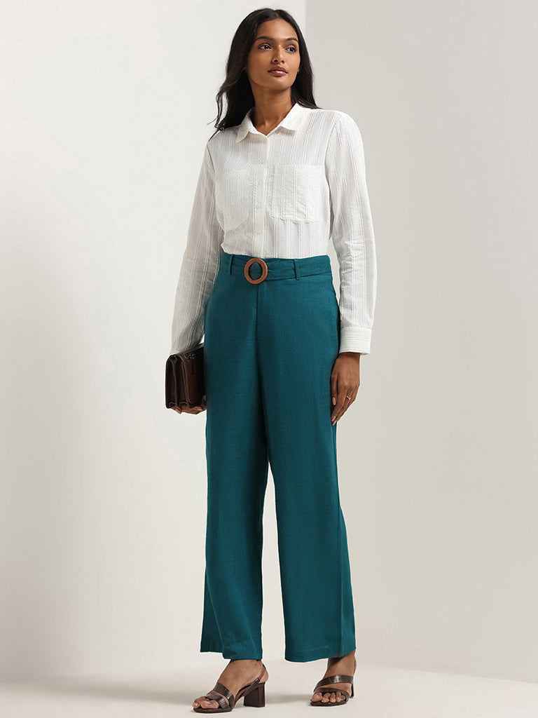 LOV Teal High-Waist Blended Linen Trousers With Fabric Belt