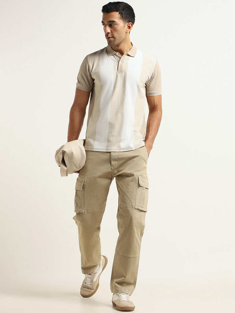 WES Casuals Solid Beige Relaxed Fit Cargo