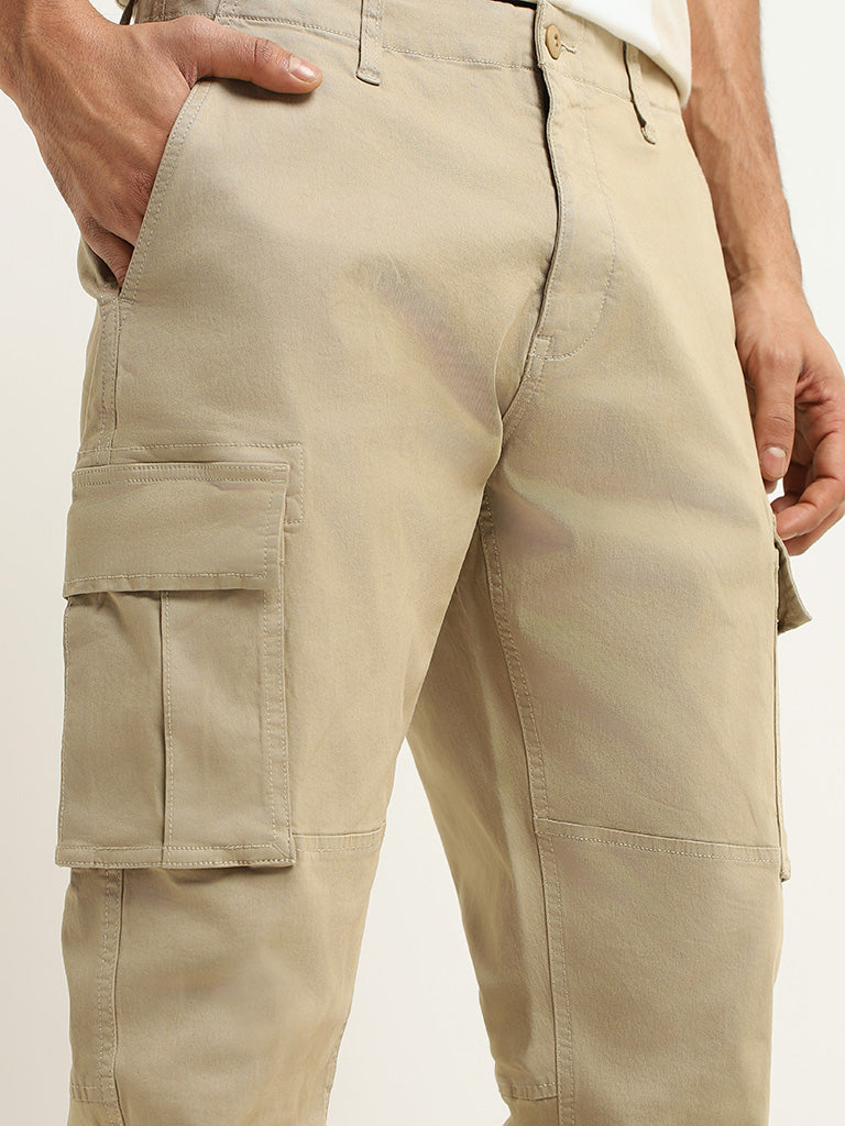 WES Casuals Solid Beige Cotton Blend Relaxed Fit Cargo