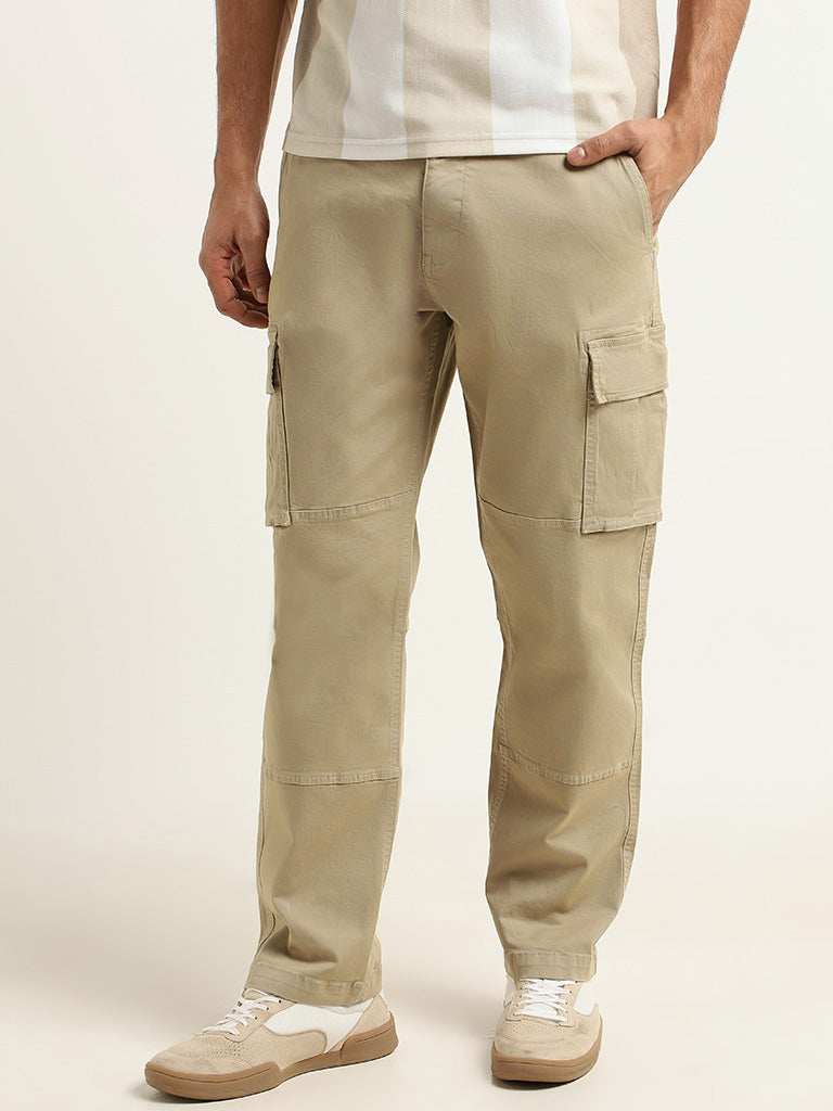 WES Casuals Solid Beige Relaxed Fit Cargo
