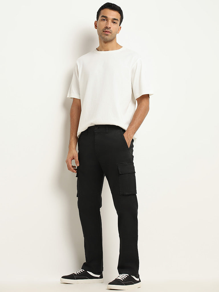 WES Casuals Solid Black Cotton Blend Relaxed Fit Cargo