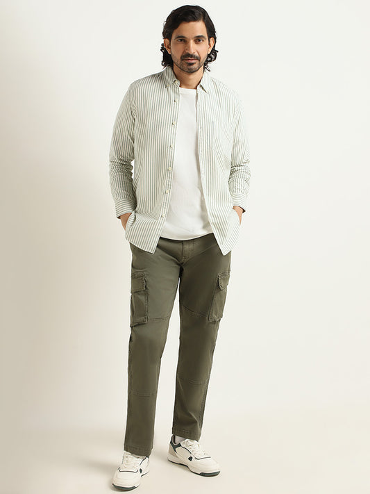 WES Casuals Plain Olive Cotton Relaxed Fit Chinos