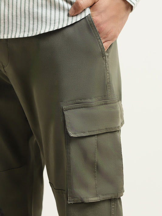 WES Casuals Plain Olive Cotton Relaxed Fit Chinos