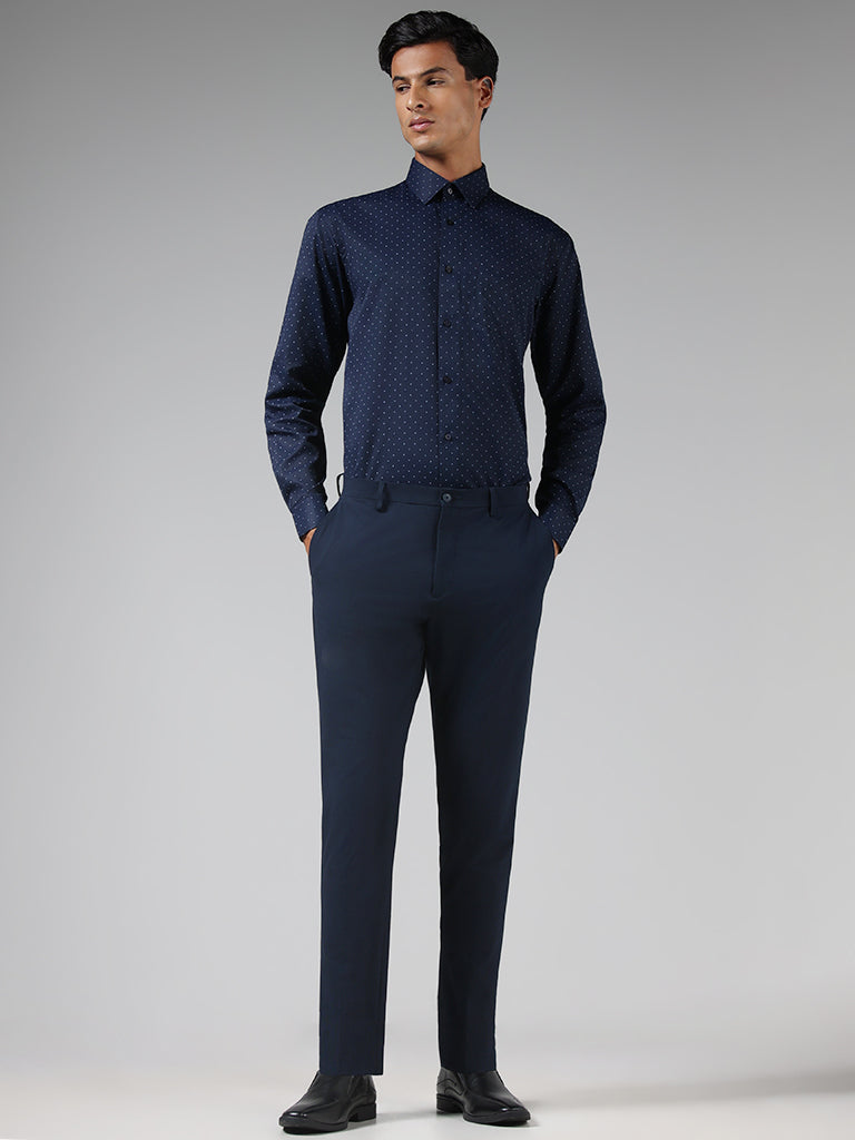 WES Formals Navy Dotted Relaxed Fit Shirt