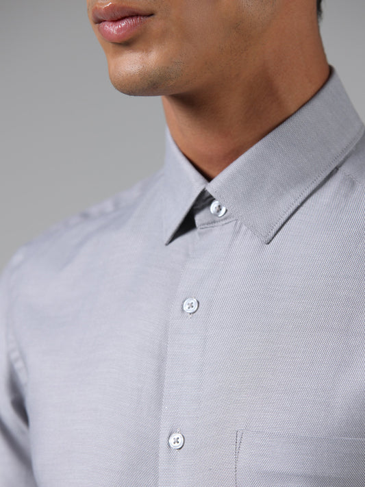 WES Formals Grey Cotton Blend Slim Fit Shirt