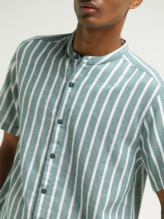 ETA Dark Teal Striped Embroidered Resort Fit Shirt