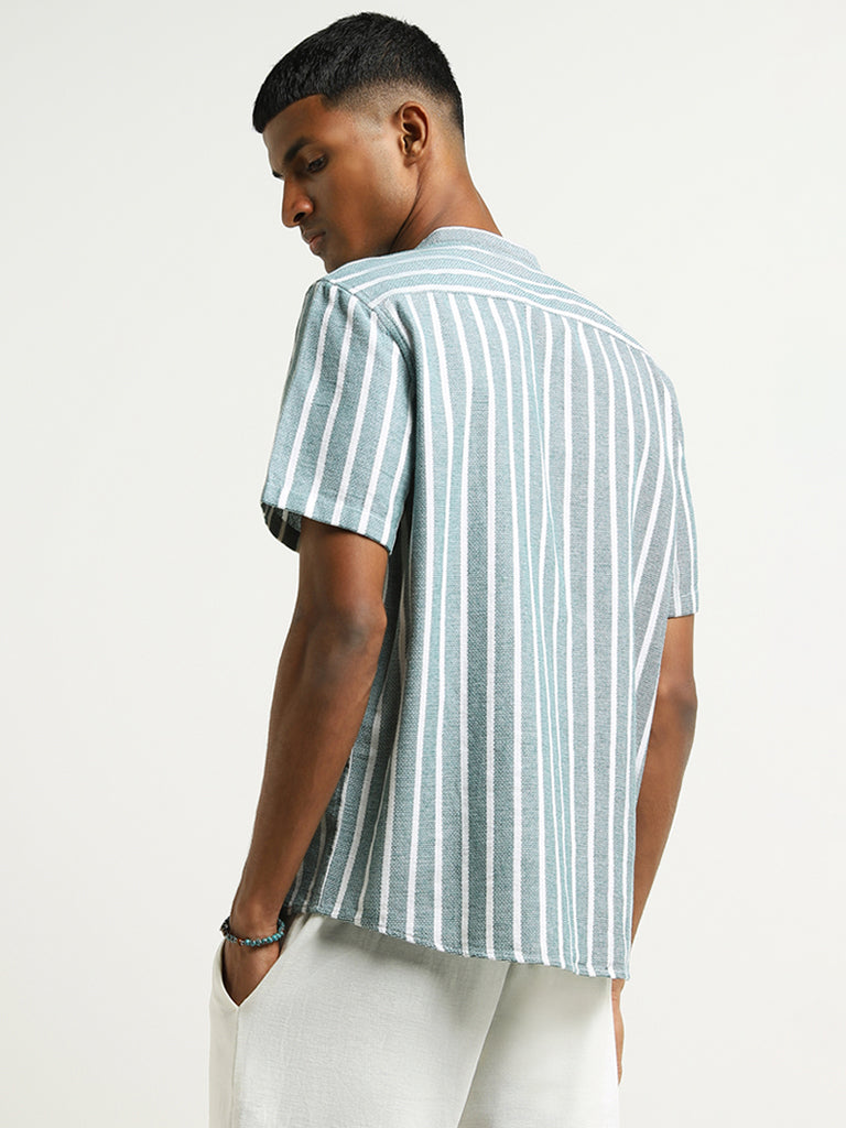 ETA Dark Teal Striped Embroidered Cotton Resort Fit Shirt