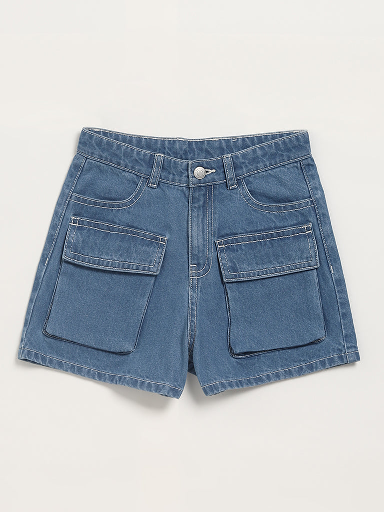 Y&F Kids Mid-Rise Blue Cargo Denim Shorts
