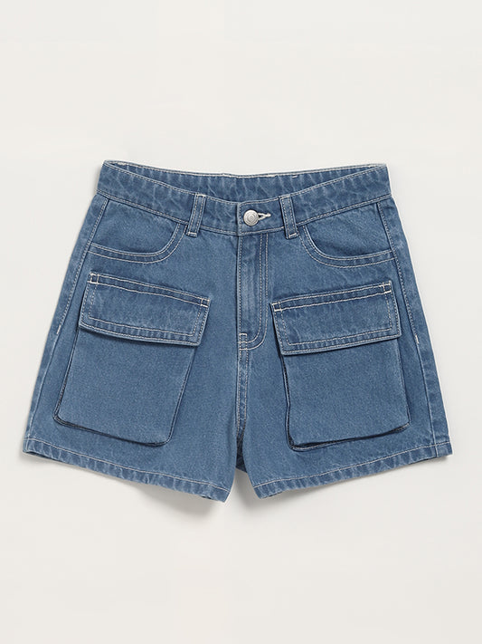 Y&F Kids Mid-Rise Blue Cargo Denim Shorts