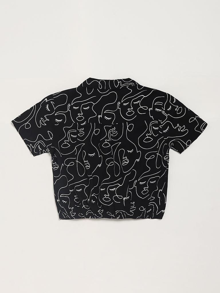 Y&F Kids Black Printed Tie-Up Shirt