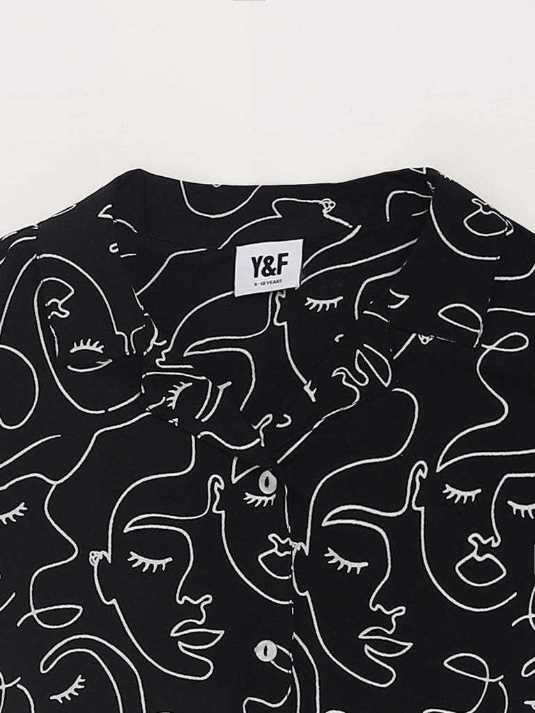 Y&F Kids Black Printed Tie-Up Shirt