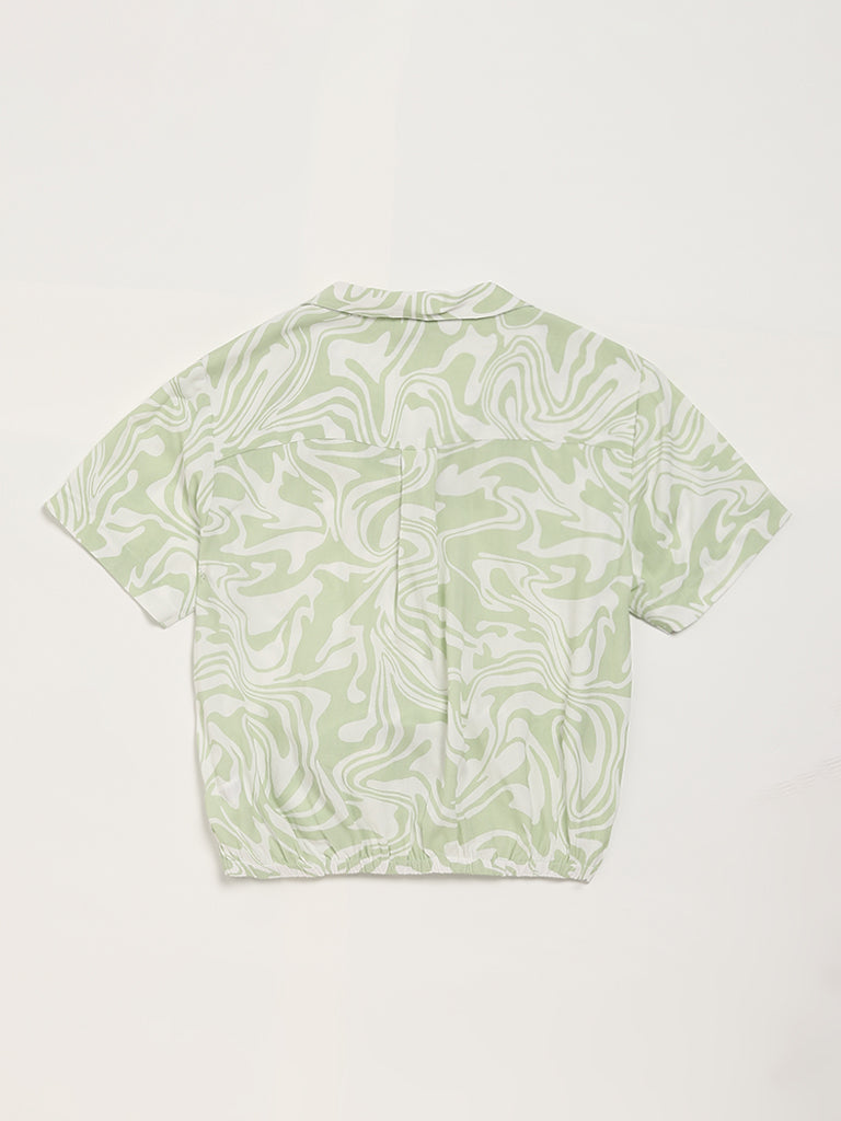 Y&F Kids Green Printed Tie-Up Shirt