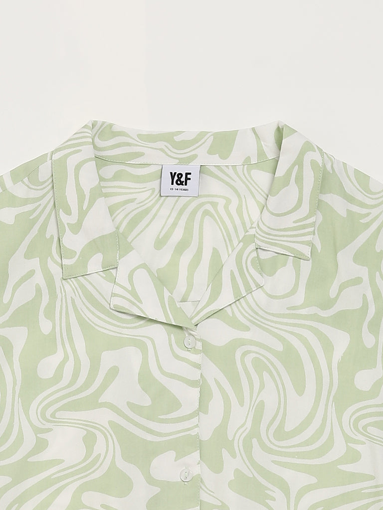 Y&F Kids Green Printed Tie-Up Shirt