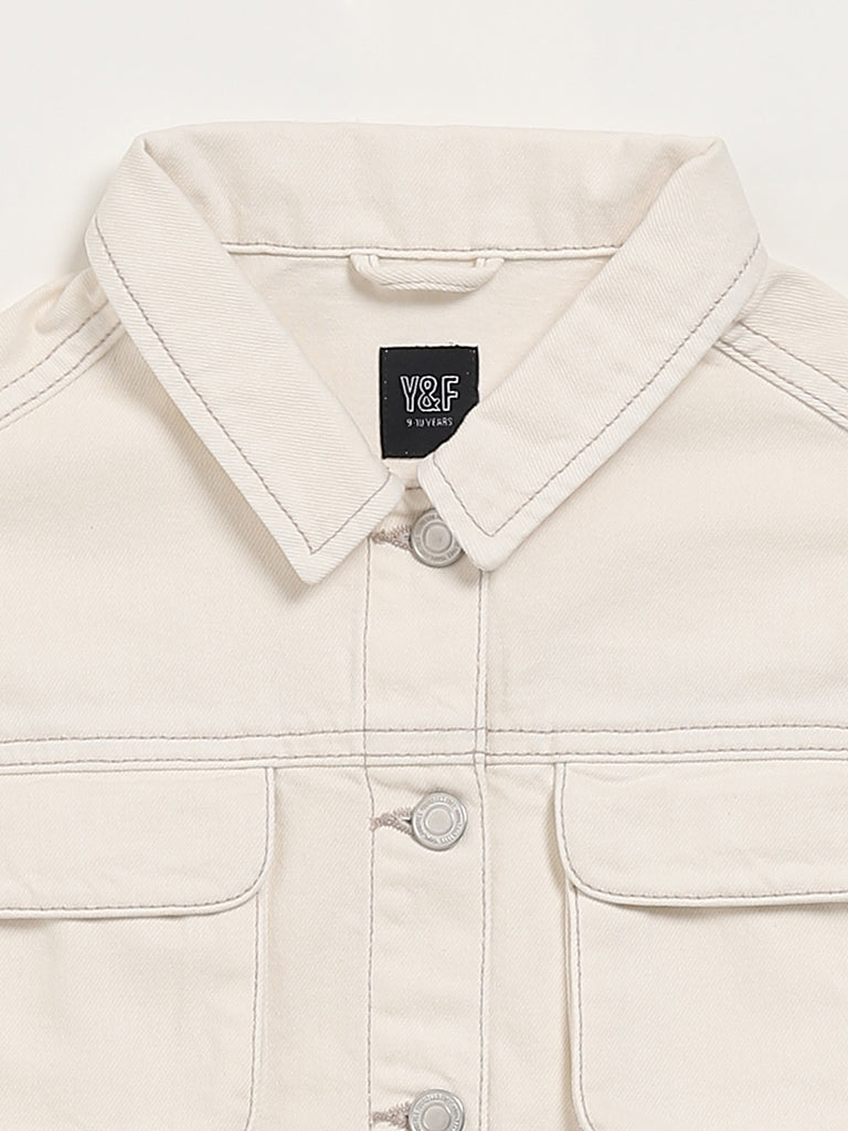 Y&F Kids Solid Off White Denim Jacket