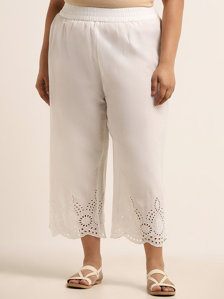 Diza White Embroidered Cotton Pants