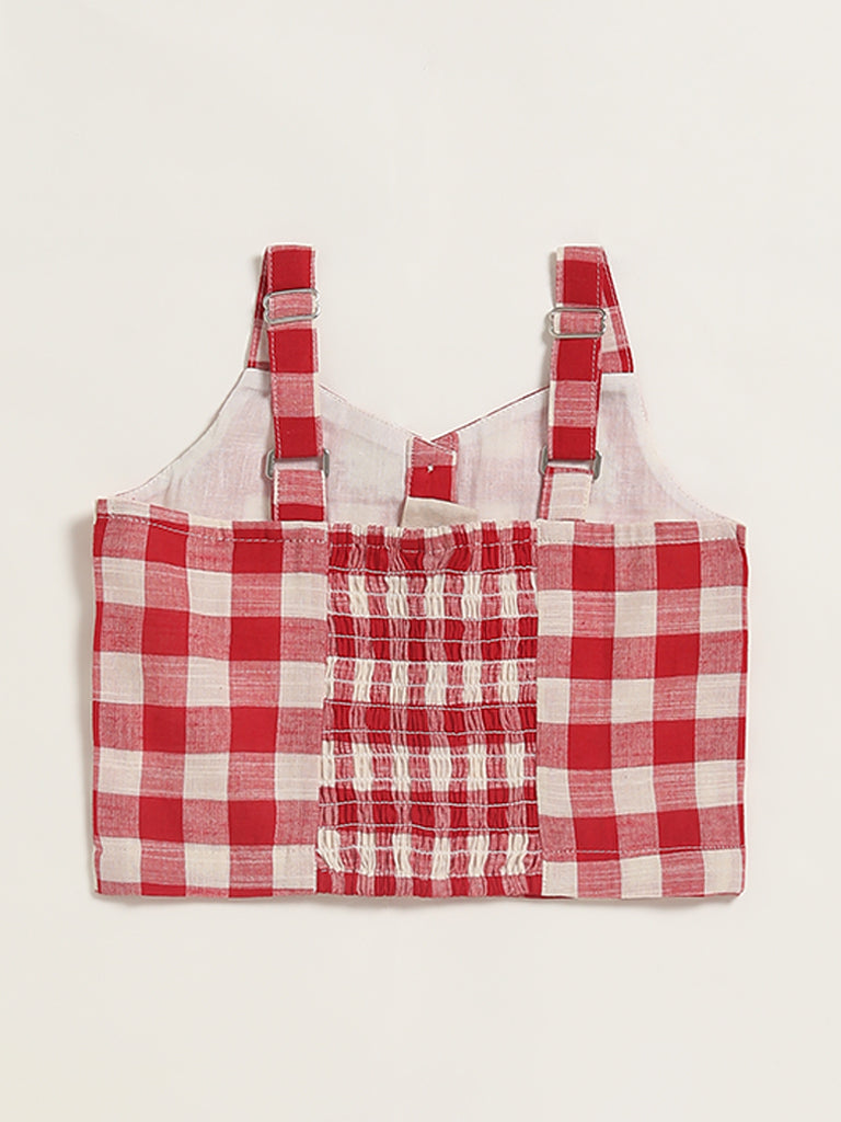 Utsa Kids Red & White Checked Embroidered Top