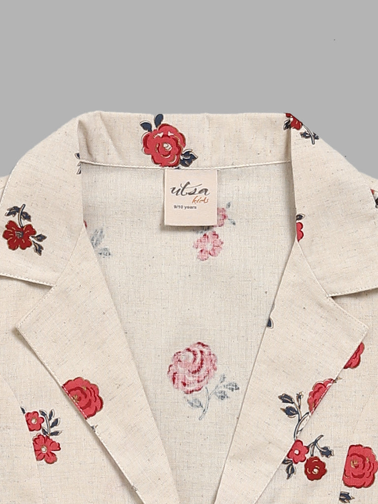 Utsa Kids Off White Floral Printed Crop Jacket (8 -14yrs)