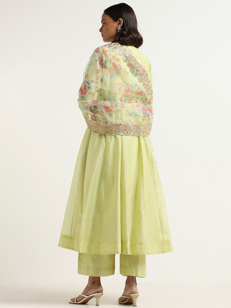 Vark Lime Kurta, Inner, Pants and Embroidered Cotton Blend Dupatta Set