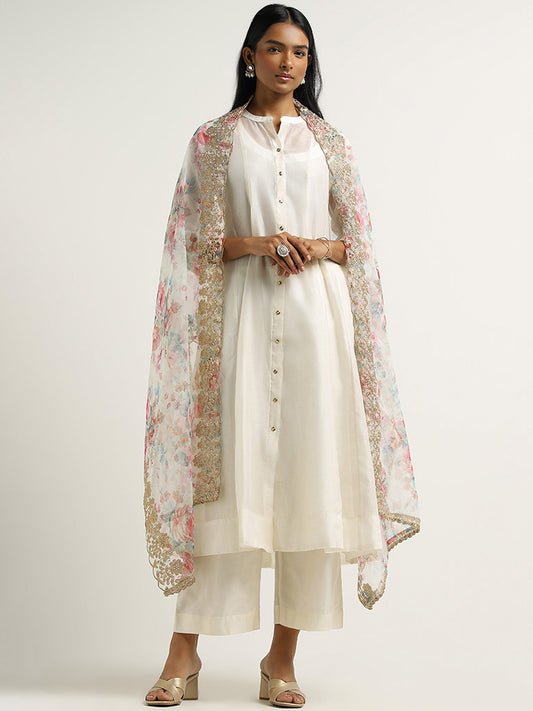 Vark White Kurta, Inner, Pants and Embroidered Cotton Blend Dupatta Set