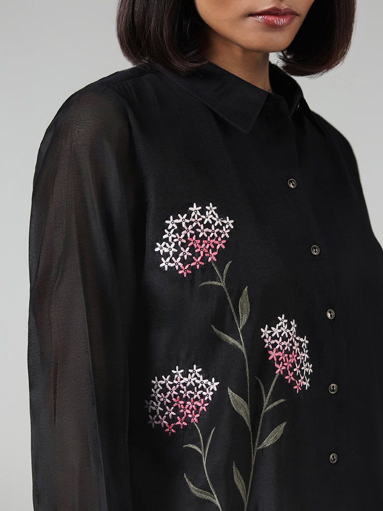 Vark Black Floral Embroidered Tunic & Pants Set