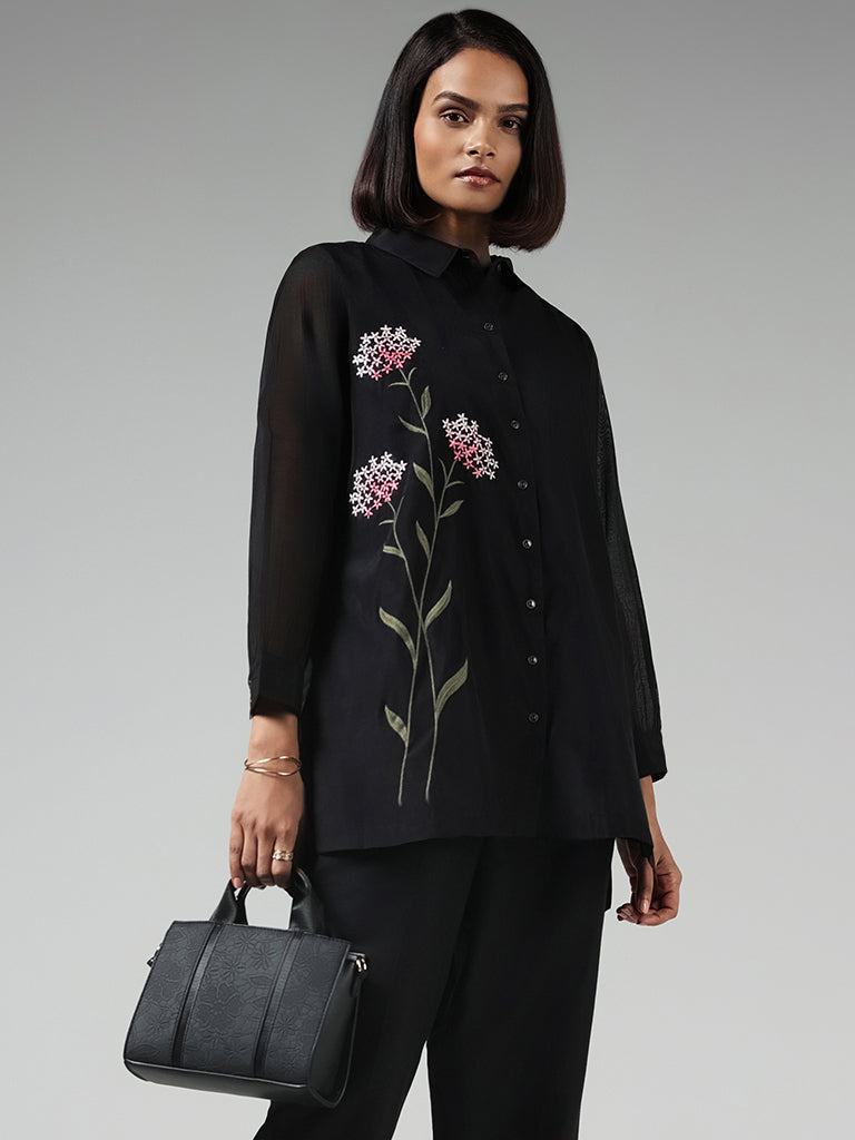 Vark Black Floral Embroidered Tunic & Pants Set