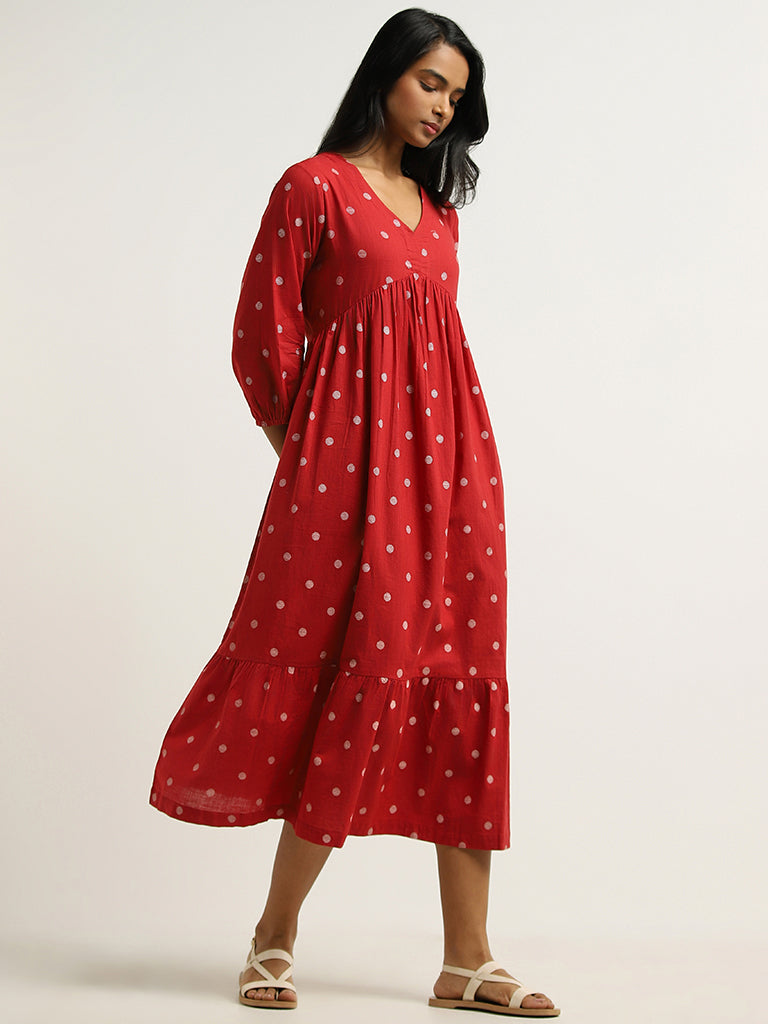 Utsa Red Polka Dotted Cotton Dress