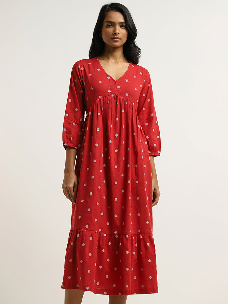 Utsa Red Polka Dotted Cotton Dress