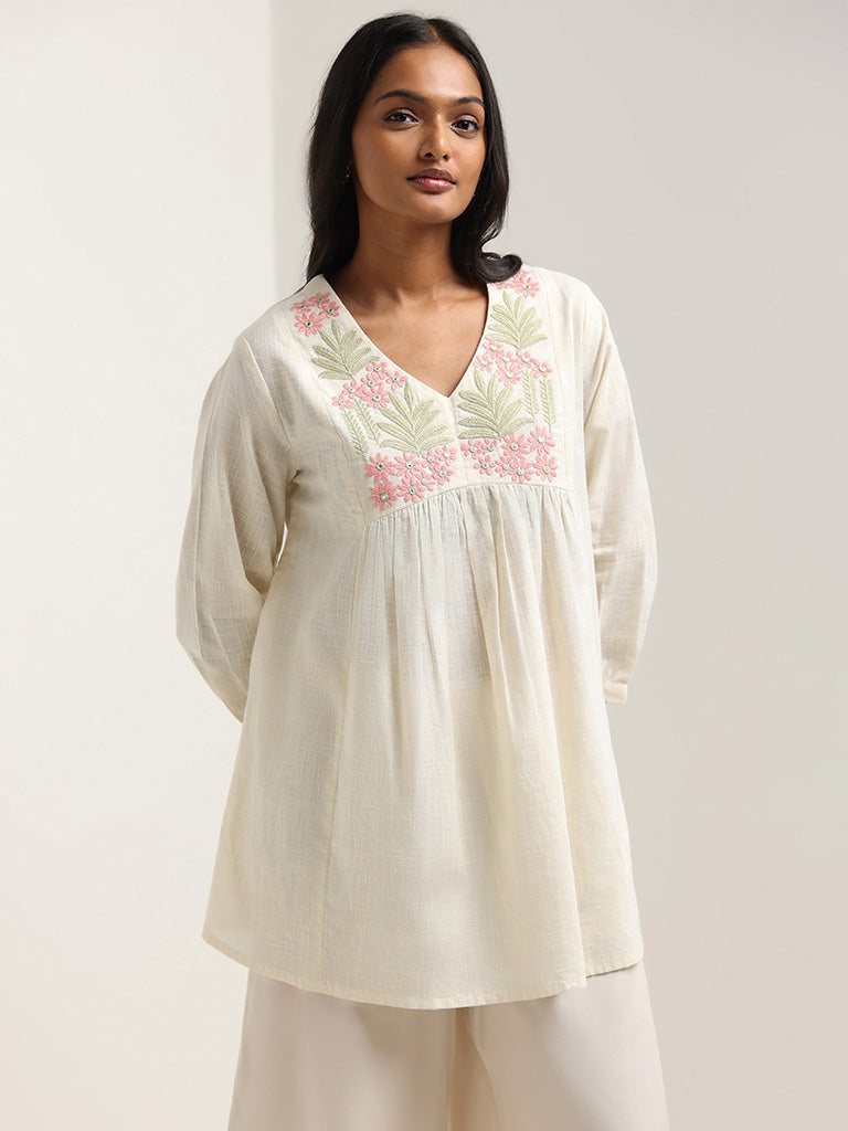 Utsa White Floral Embroidered Cotton Tunic