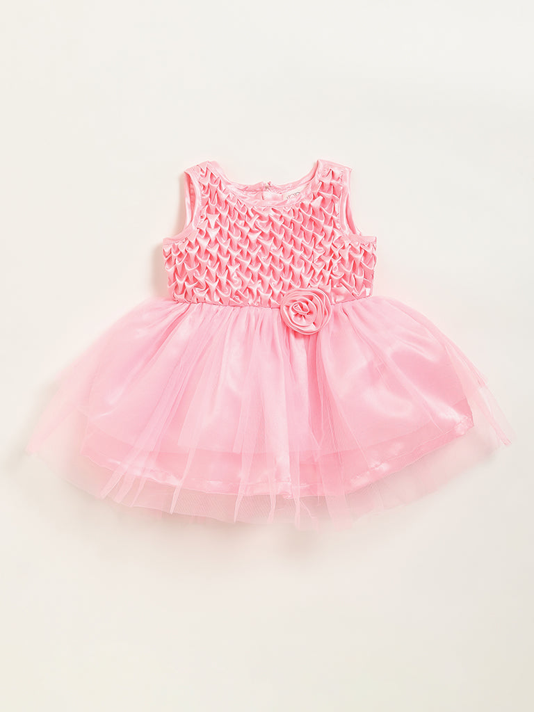 HOP Baby Pink Rose Applique Party Dress