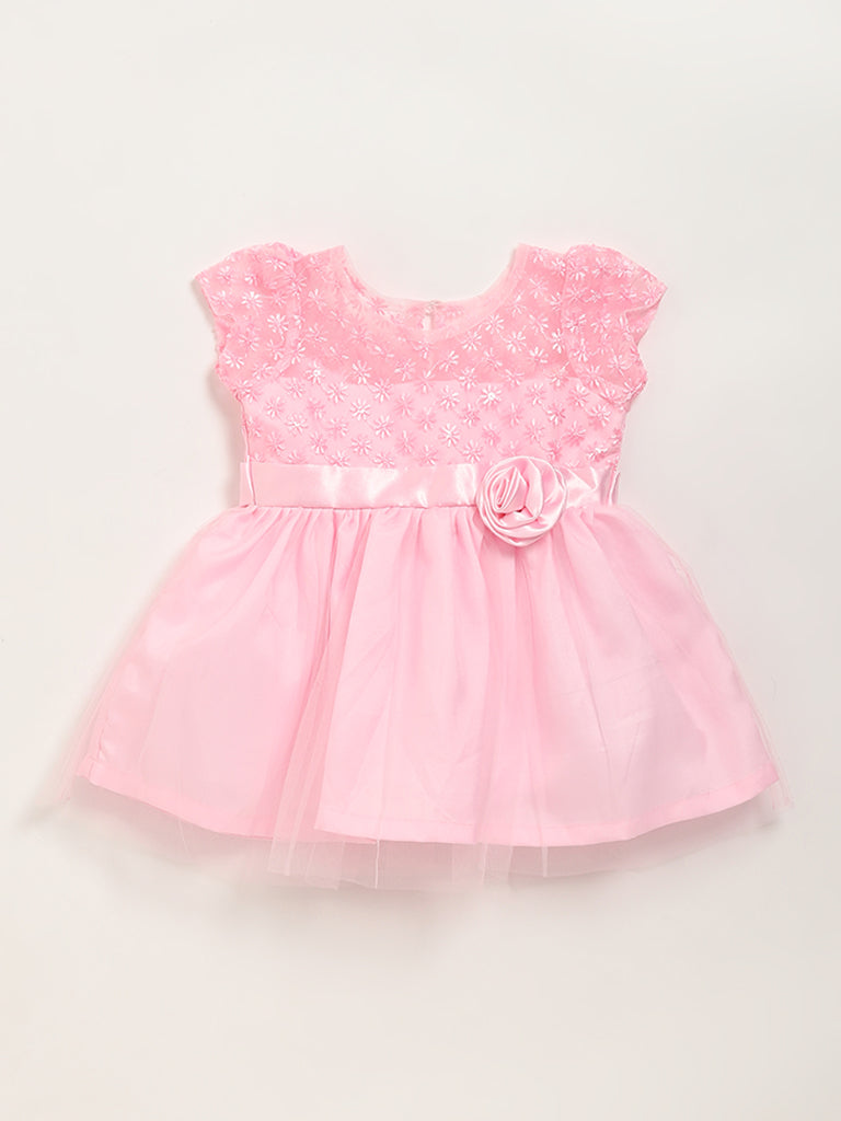 HOP Baby Pink Embellished Mesh Dress