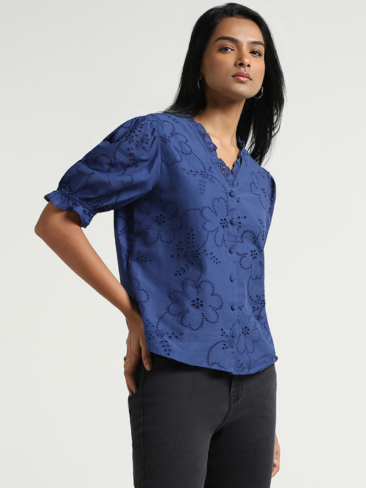 LOV Blue Schiffli Cotton Shirt