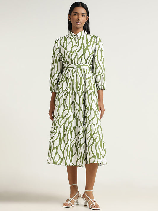 LOV Olive Printed Cotton Midi Dress with Belt