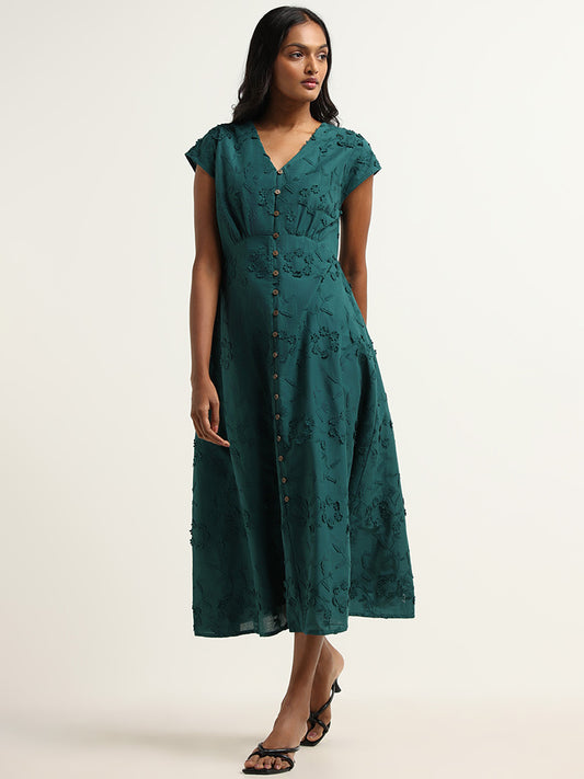 LOV Teal Embroidered Cotton Dress