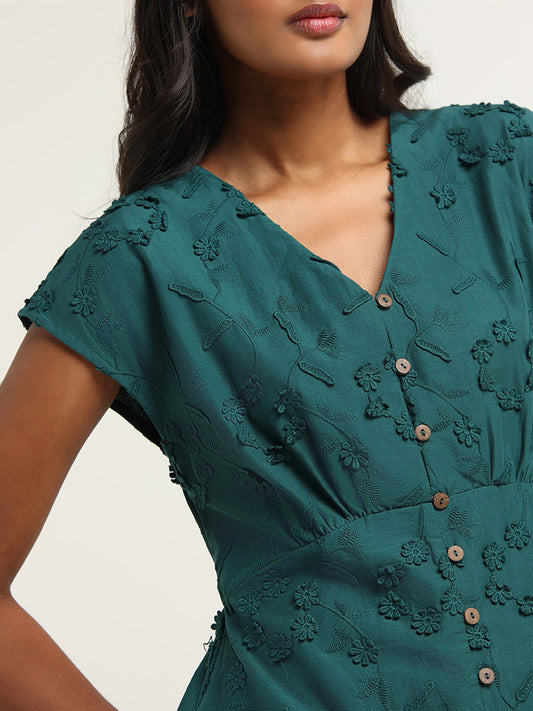 LOV Teal Embroidered Cotton Dress