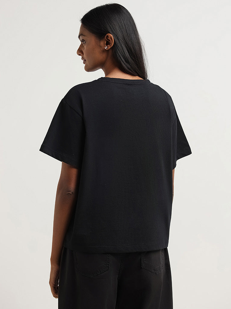 LOV Black Beaded Detailed Cotton T-Shirt