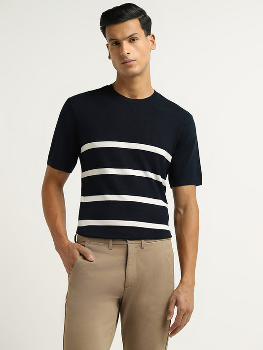 Ascot Navy Striped Cotton Blend Relaxed Fit T-Shirt